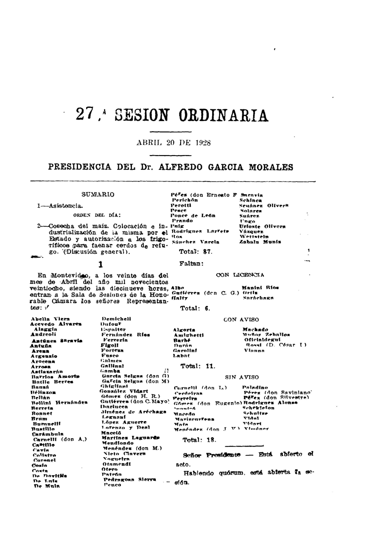 DIARIO DE SESIONES DE LA CAMARA DE REPRESENTANTES del 20/04/1928